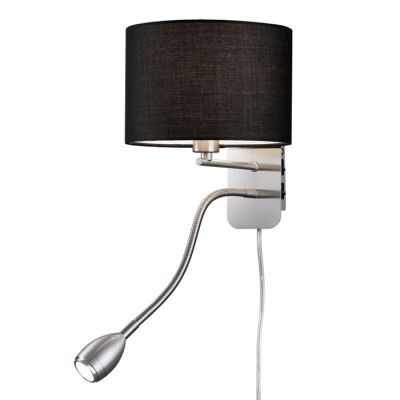 CARPITO nástěnná Nástěnné svítidlo, zákl kov, nikl mat, stínítko textil černá, pro žárovku 1x28W/E14 + LED 3W, 180lm, teplá 3000K, 230V, IP20, .tř.2, d=200mm, h=285mm, 2x vypínač, přív kabel s vidlicí