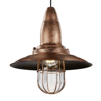 HAT 40W E27 VÝPRODEJ Závěsné svítidlo, materiál kov, povrch měděná zašlá, imitace opotřebení, sklo čirá, pro žárovku 1x40W, E27, 230V, IP20, tř.1, d=320mm, závěs l=1500mm, lze zkrátit.