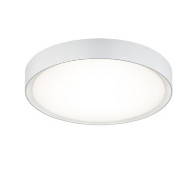 CLARIMO Stropní svítidlo, základna kov, povrch bílá, difuzor plast opál, LED 1x18W, teplá 3000K, 1600lm, 230V, do koupelny IP44, tř.1, rozměry d=330mm, h=90mm.