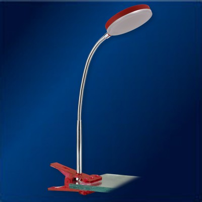 TEROS TL klip Stolní lampa s klipem, nastav směr svícení, husí krk, těleso kov, povrch červená, difuzor plast opál, LED 5W, teplá 3000K, 420lm, 230V, IP20, rozměry h=400mm.