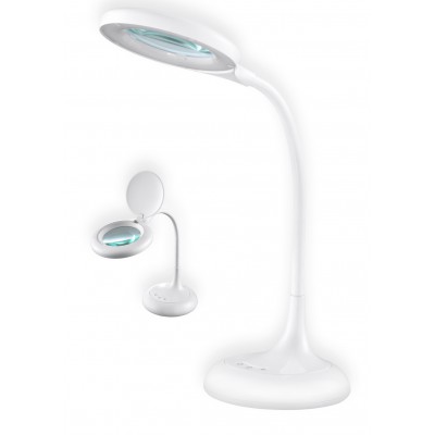 BERLAK Stolní lampa s lupou 3x zvětšení, nastav směr svícení, těleso plast kov, bílá, LED 8W, 720lm, stmívač, přepín teplota CCT teplá 3000K, neutr 4000K, denní 6500K, Ra80, 230V, IP20, d=150mm, h=500mm.