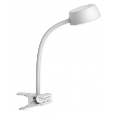 OLIVIA Stolní lampa s klipem, nastav. směr svícení, těleso plast bílá, difuzor plast opál, LED 4,5W, teplá 3000K, 450lm, 230V, IP20, tř.1, rozměry h=350mm.