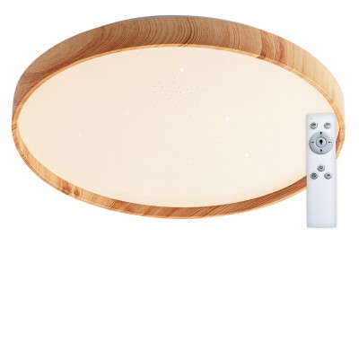 DENISO 36W Stropní svítidlo, základna kov, rámeček dřevo světlé, difuzor plast opál, LED 36W, 3600lm, dálk ovladačem stmívatelné, CCT nast teplota teplá 3000K - denní 6500K, 230V, IP20, rozměry d=385mm, h=60mm