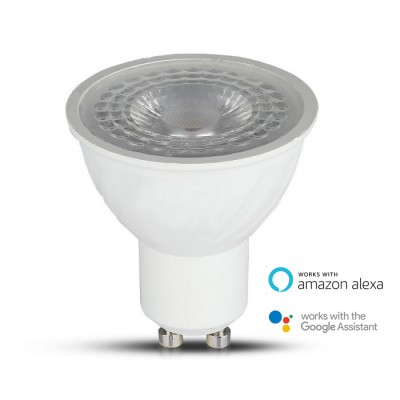 VT-5164 VÝPRODEJ Chytrá LED žárovka 5W, 400lm, GU10, Ra80, vyzař úh 100°,230V, pom aplikace Google Assistant, Amazon Alexa nast teplota CCT 2700K-6400K, stmívat, 16 mio barev RGB