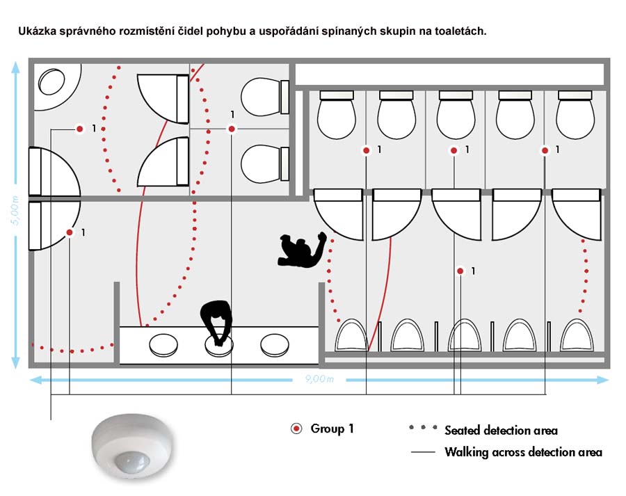 Vzorové rozmístění čidel pohybu na WC.