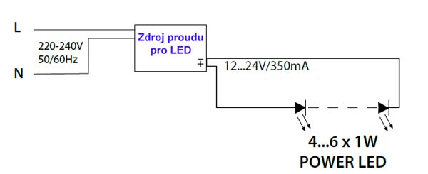 Zapojení zdroje proudu s výkonovou LED Zapojení zdroje proudu s výkonovou LED